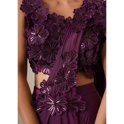 CHAASHNI BY MAANSI & KETAN Purple Resham Embroidered Pre-Drape Saree with Stitched Blouse