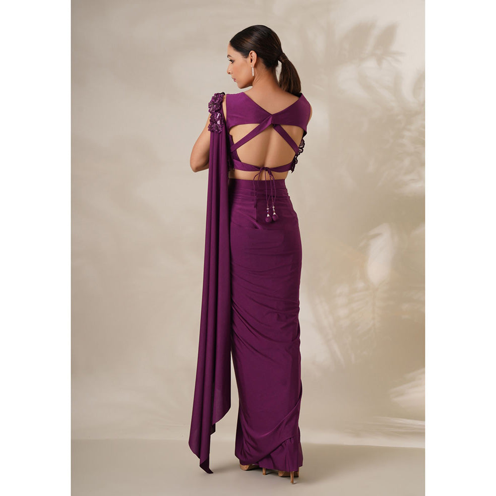 CHAASHNI BY MAANSI & KETAN Purple Resham Embroidered Pre-Drape Saree with Stitched Blouse