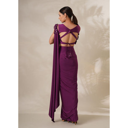 CHAASHNI BY MAANSI & KETAN Purple Resham Embroidered Pre-Drape Saree with Stitched Blouse