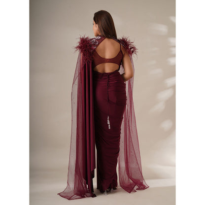 CHAASHNI BY MAANSI & KETAN Embellished Maroon Pre-Drape Saree with Stitched Blouse and Cape