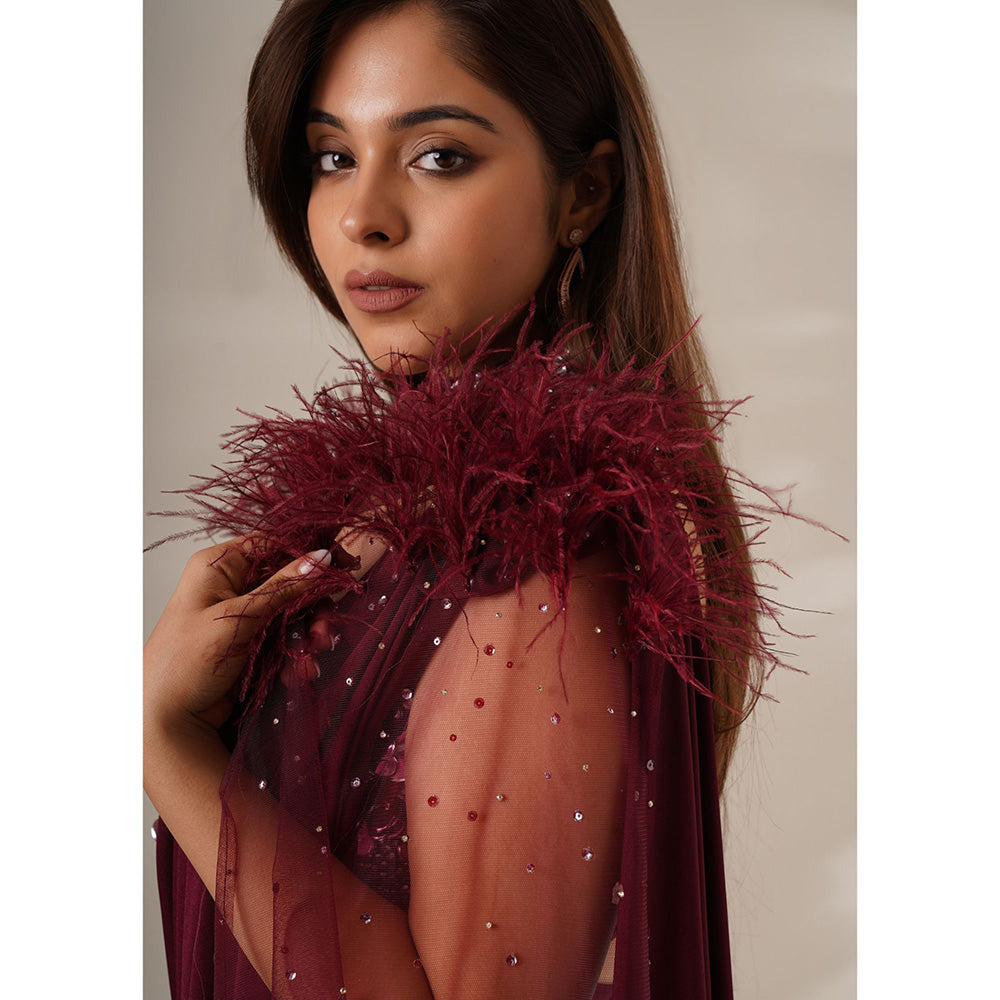 CHAASHNI BY MAANSI & KETAN Embellished Maroon Pre-Drape Saree with Stitched Blouse and Cape