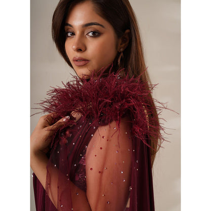 CHAASHNI BY MAANSI & KETAN Embellished Maroon Pre-Drape Saree with Stitched Blouse and Cape