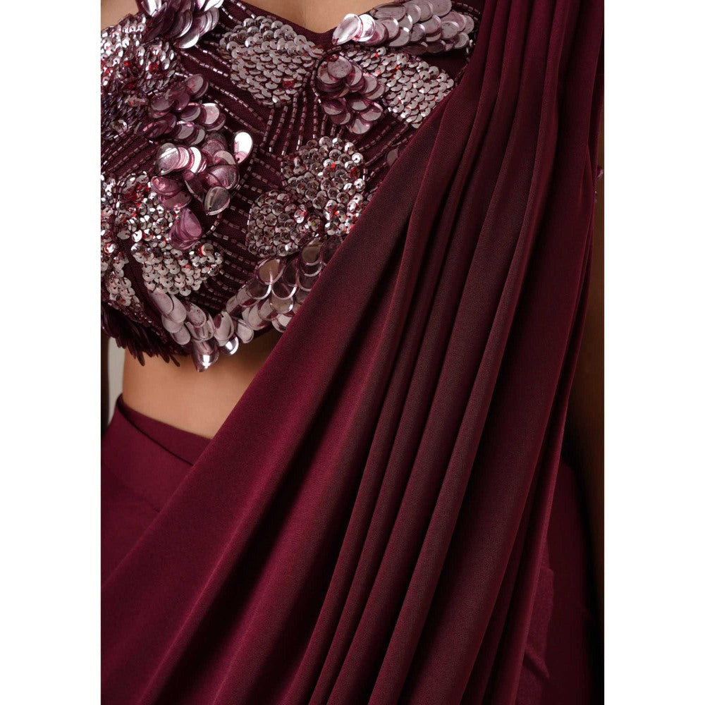 CHAASHNI BY MAANSI & KETAN Embellished Maroon Pre-Drape Saree with Stitched Blouse and Cape
