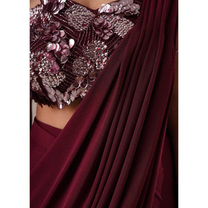 CHAASHNI BY MAANSI & KETAN Embellished Maroon Pre-Drape Saree with Stitched Blouse and Cape