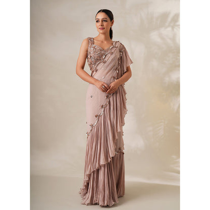 CHAASHNI BY MAANSI & KETAN Champagne Embellished Pre-Drape Saree with Stitched Blouse