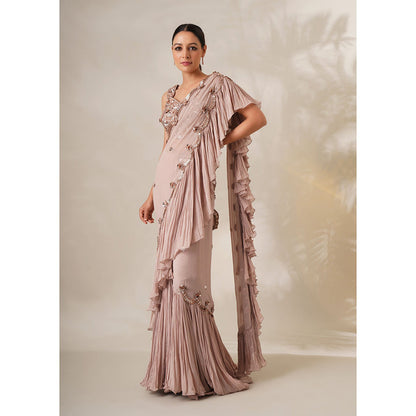 CHAASHNI BY MAANSI & KETAN Champagne Embellished Pre-Drape Saree with Stitched Blouse