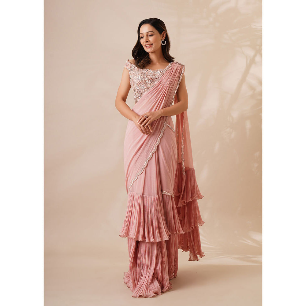CHAASHNI BY MAANSI & KETAN Peach Embellished Pre-Drape Saree with Stitched Blouse