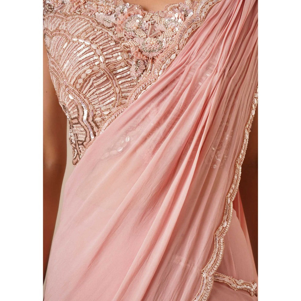 CHAASHNI BY MAANSI & KETAN Peach Embellished Pre-Drape Saree with Stitched Blouse