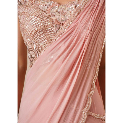CHAASHNI BY MAANSI & KETAN Peach Embellished Pre-Drape Saree with Stitched Blouse