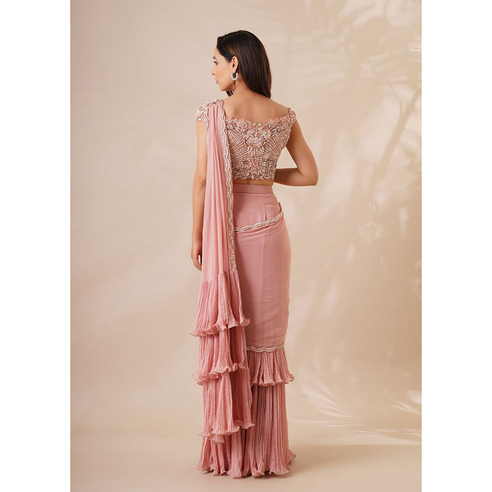 CHAASHNI BY MAANSI & KETAN Peach Embellished Pre-Drape Saree with Stitched Blouse
