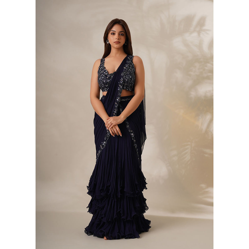 CHAASHNI BY MAANSI & KETAN Navy Blue Embellished Pre-Drape Saree with Stitched Blouse