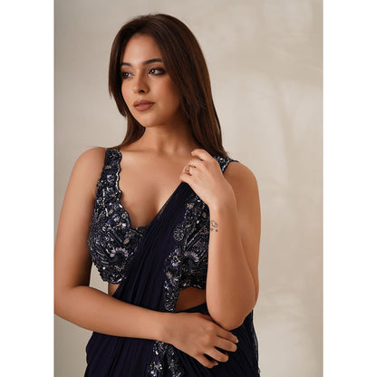 CHAASHNI BY MAANSI & KETAN Navy Blue Embellished Pre-Drape Saree with Stitched Blouse