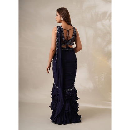 CHAASHNI BY MAANSI & KETAN Navy Blue Embellished Pre-Drape Saree with Stitched Blouse