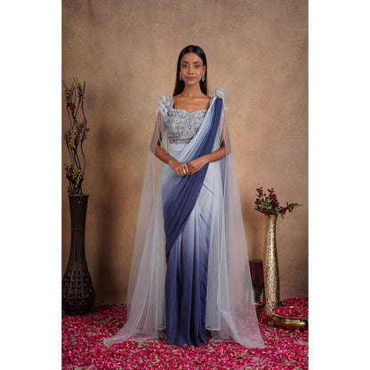 CHAASHNI BY MAANSI & KETAN Embellished Blue Pre-Drape Saree with Stitched Blouse