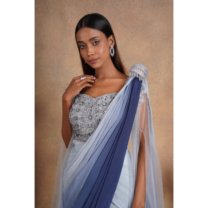 CHAASHNI BY MAANSI & KETAN Embellished Blue Pre-Drape Saree with Stitched Blouse