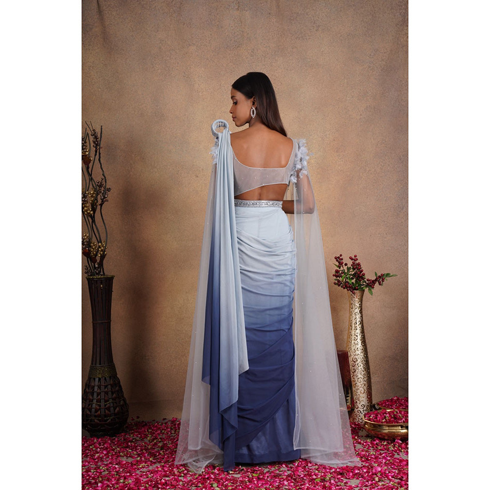 CHAASHNI BY MAANSI & KETAN Embellished Blue Pre-Drape Saree with Stitched Blouse