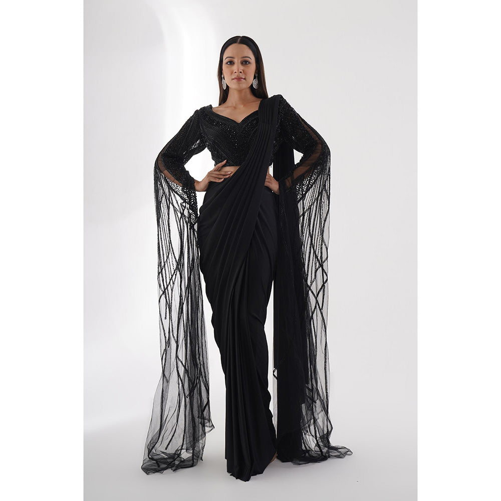 CHAASHNI BY MAANSI & KETAN Black Embellished Pre-Drape Saree with Stitched Blouse