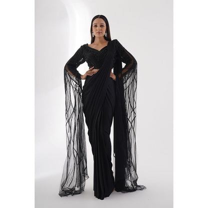 CHAASHNI BY MAANSI & KETAN Black Embellished Pre-Drape Saree with Stitched Blouse