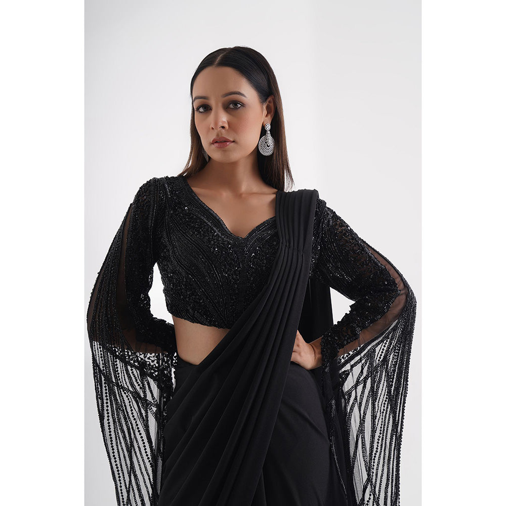 CHAASHNI BY MAANSI & KETAN Black Embellished Pre-Drape Saree with Stitched Blouse