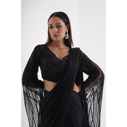 CHAASHNI BY MAANSI & KETAN Black Embellished Pre-Drape Saree with Stitched Blouse
