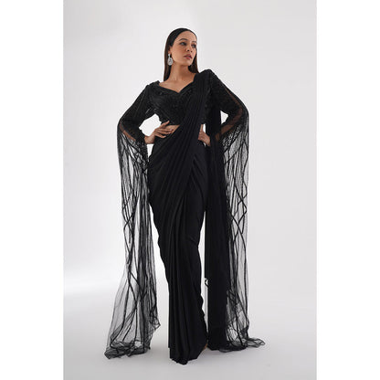 CHAASHNI BY MAANSI & KETAN Black Embellished Pre-Drape Saree with Stitched Blouse