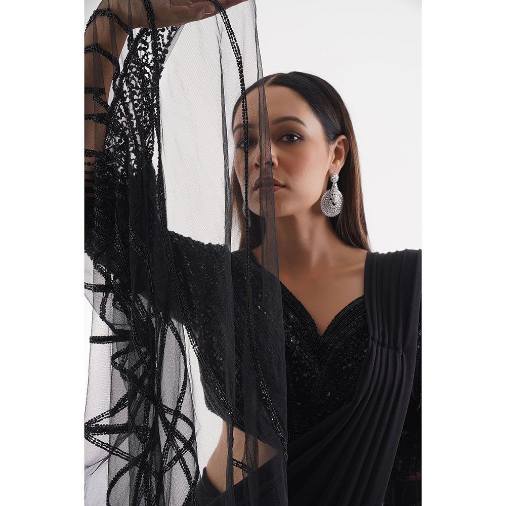 CHAASHNI BY MAANSI & KETAN Black Embellished Pre-Drape Saree with Stitched Blouse
