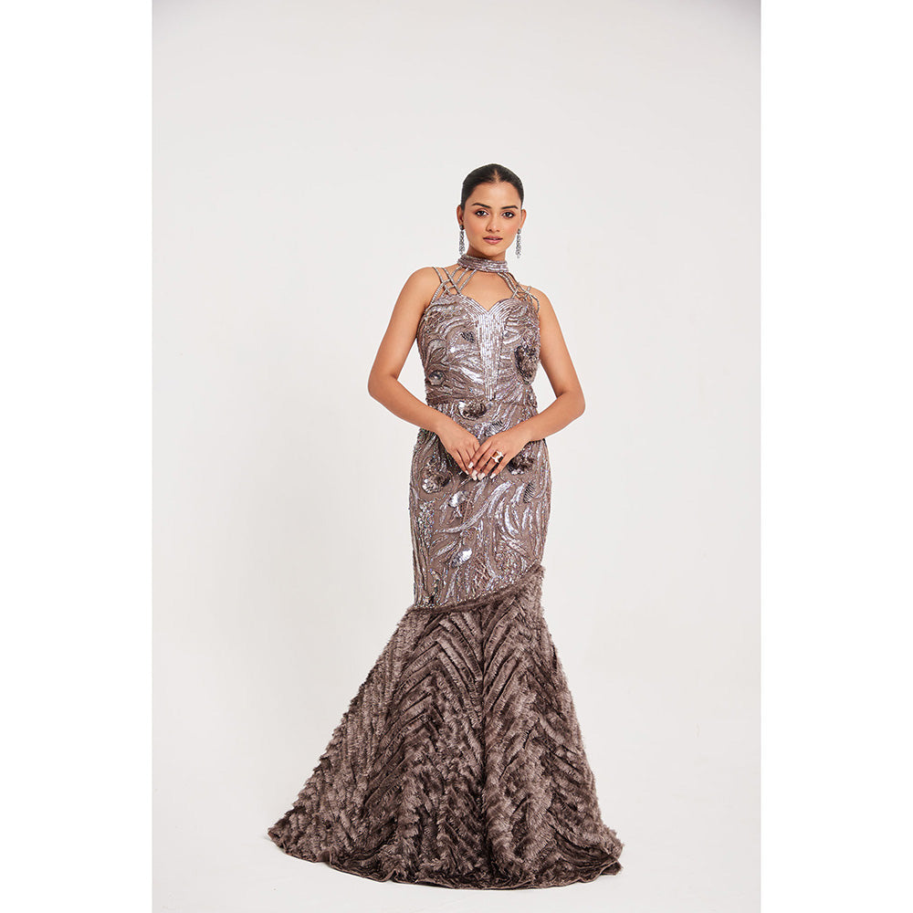 CHAASHNI BY MAANSI & KETAN Beige Net and Fur Gown