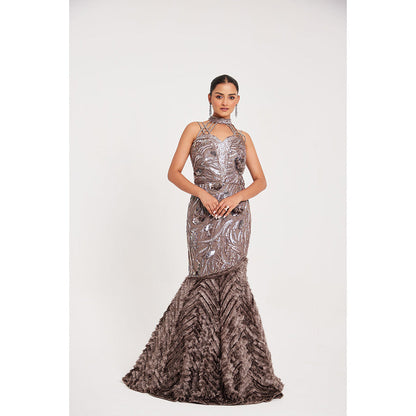 CHAASHNI BY MAANSI & KETAN Beige Net and Fur Gown