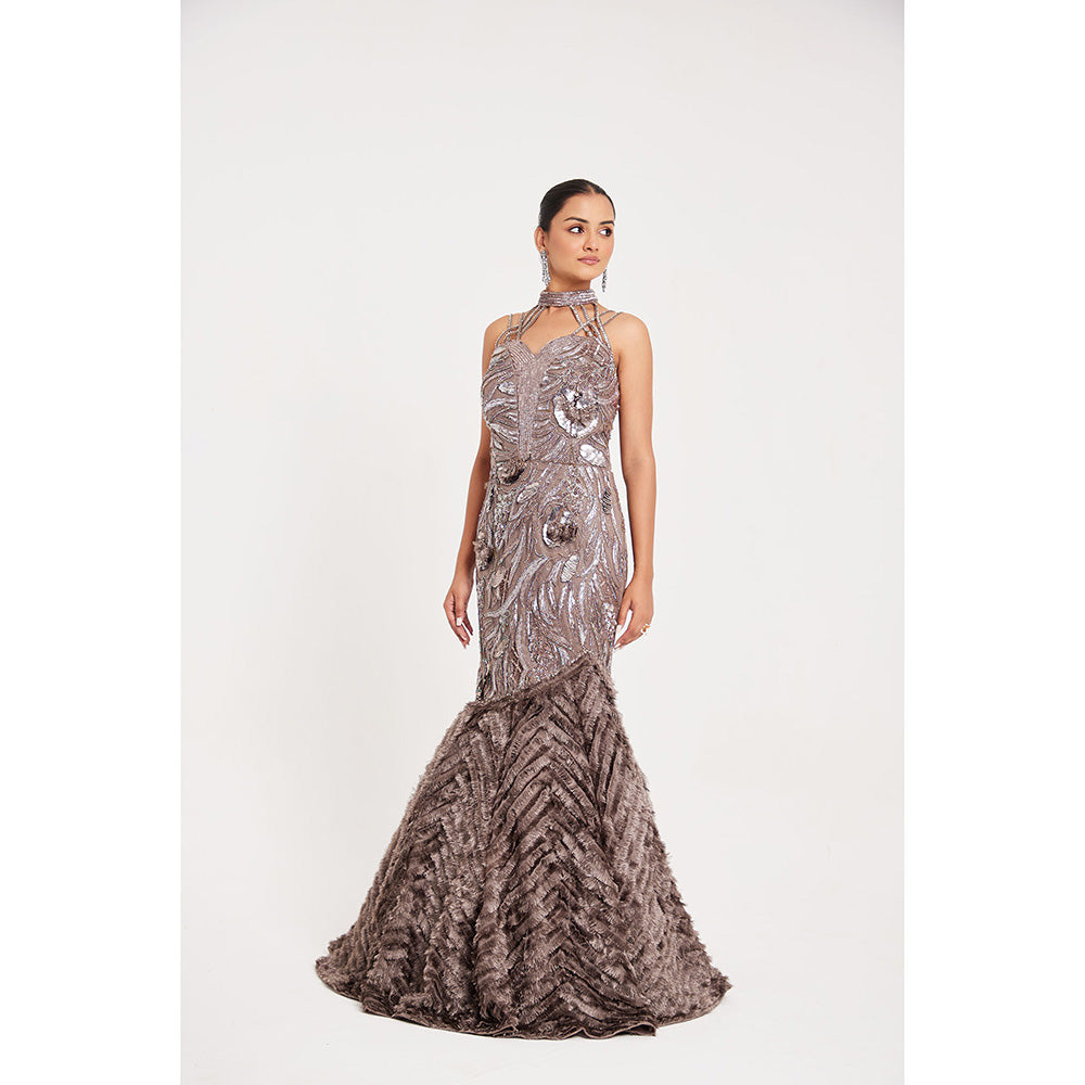 CHAASHNI BY MAANSI & KETAN Beige Net and Fur Gown