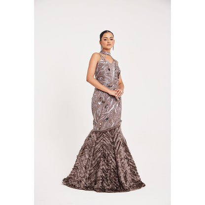 CHAASHNI BY MAANSI & KETAN Beige Net and Fur Gown