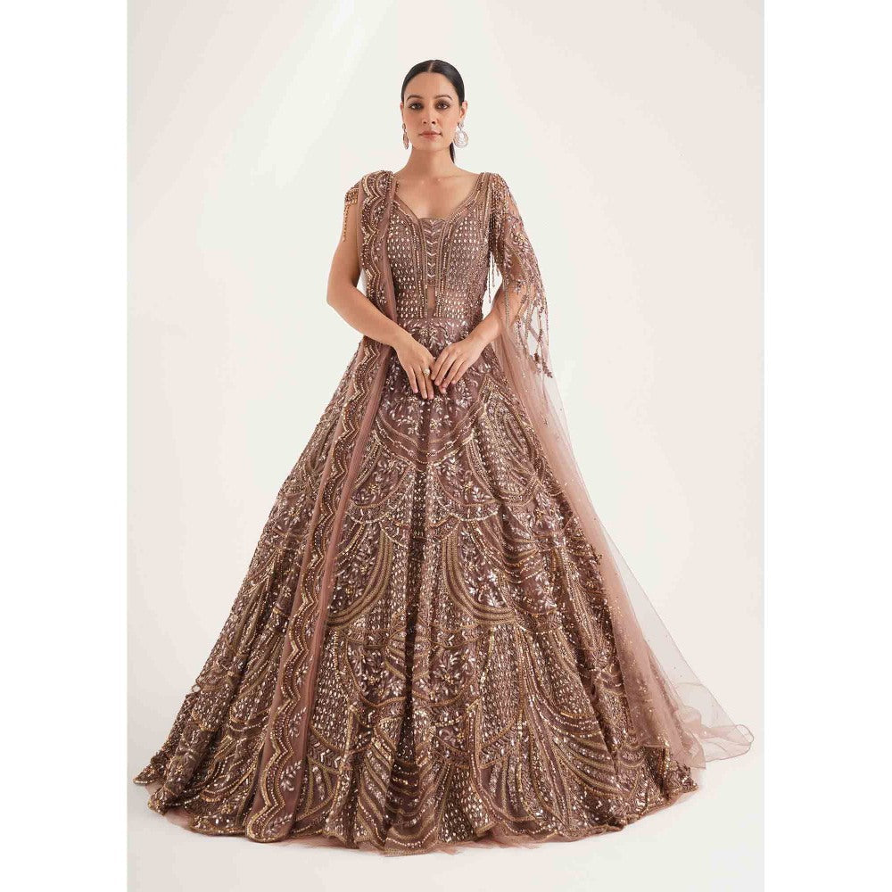 CHAASHNI BY MAANSI & KETAN Brown Embellished Net Gown with Drape (Set of 2)