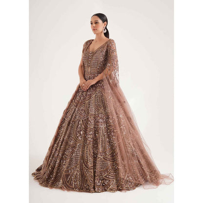 CHAASHNI BY MAANSI & KETAN Brown Embellished Net Gown with Drape (Set of 2)