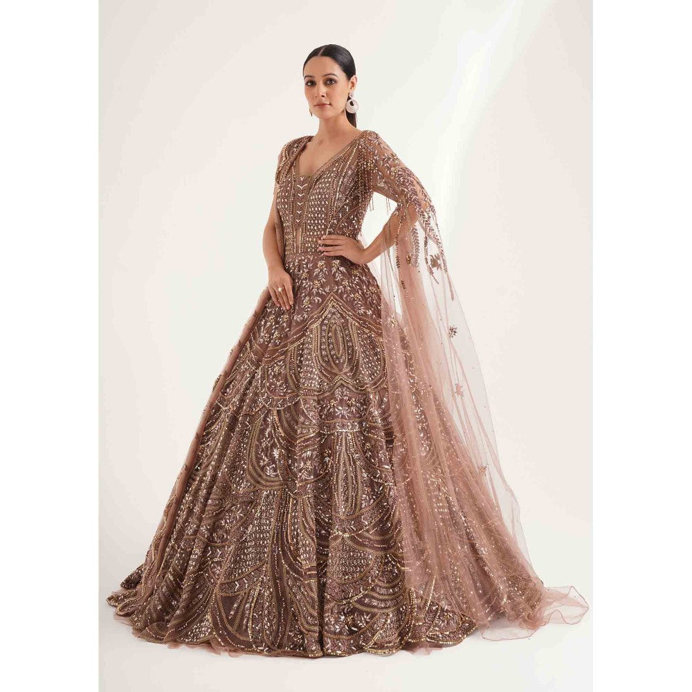 CHAASHNI BY MAANSI & KETAN Brown Embellished Net Gown with Drape (Set of 2)