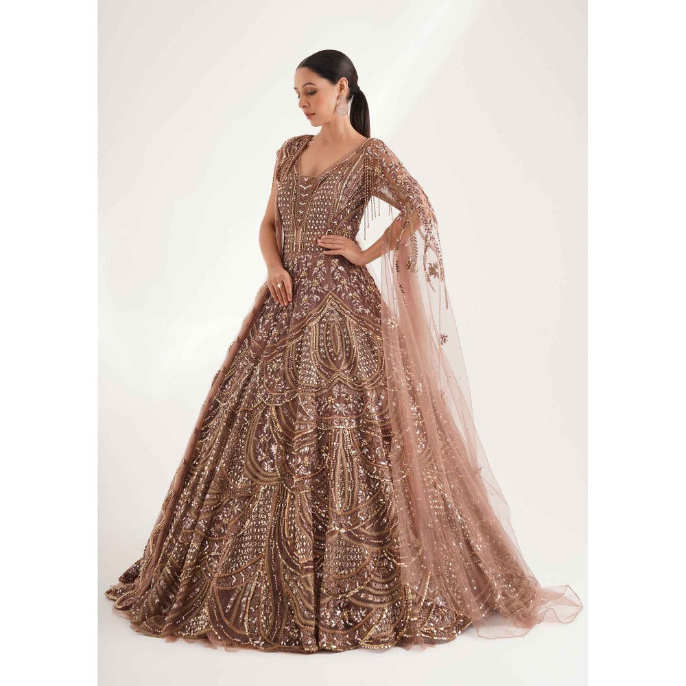 CHAASHNI BY MAANSI & KETAN Brown Embellished Net Gown with Drape (Set of 2)