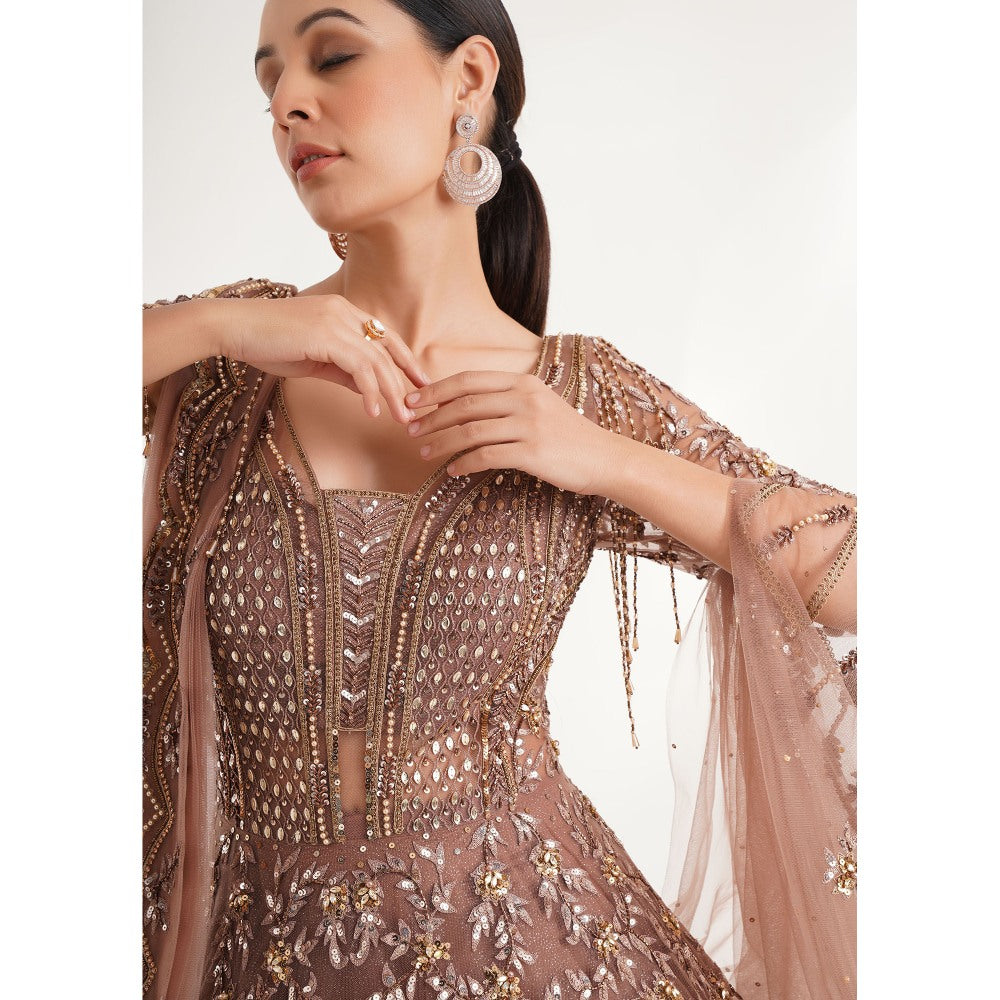 CHAASHNI BY MAANSI & KETAN Brown Embellished Net Gown with Drape (Set of 2)