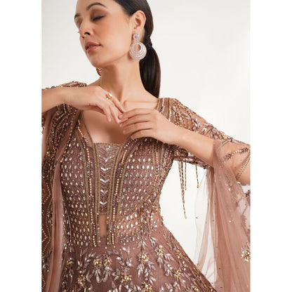 CHAASHNI BY MAANSI & KETAN Brown Embellished Net Gown with Drape (Set of 2)