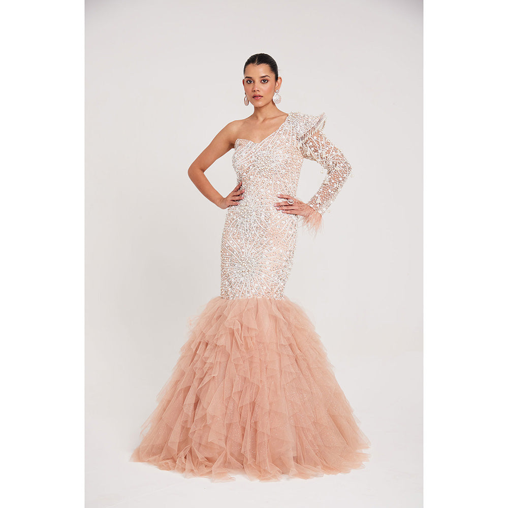 CHAASHNI BY MAANSI & KETAN Nude Glitter Net and Fur Gown