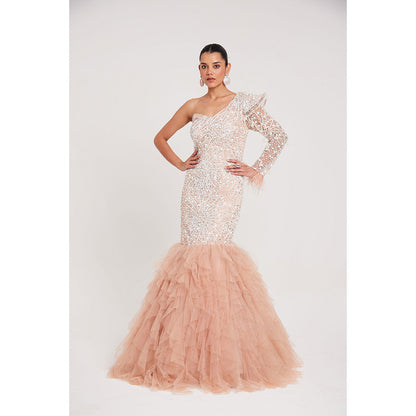 CHAASHNI BY MAANSI & KETAN Nude Glitter Net and Fur Gown