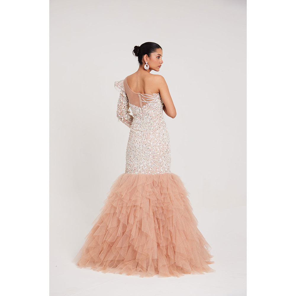 CHAASHNI BY MAANSI & KETAN Nude Glitter Net and Fur Gown