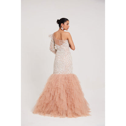CHAASHNI BY MAANSI & KETAN Nude Glitter Net and Fur Gown