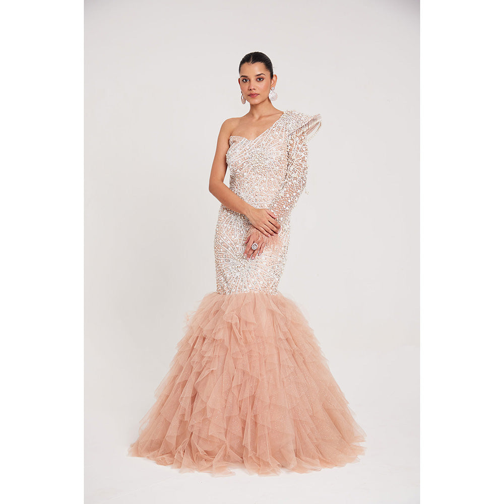 CHAASHNI BY MAANSI & KETAN Nude Glitter Net and Fur Gown