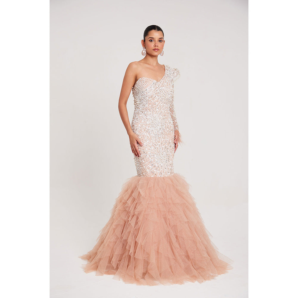 CHAASHNI BY MAANSI & KETAN Nude Glitter Net and Fur Gown