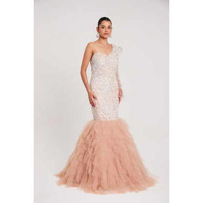 CHAASHNI BY MAANSI & KETAN Nude Glitter Net and Fur Gown