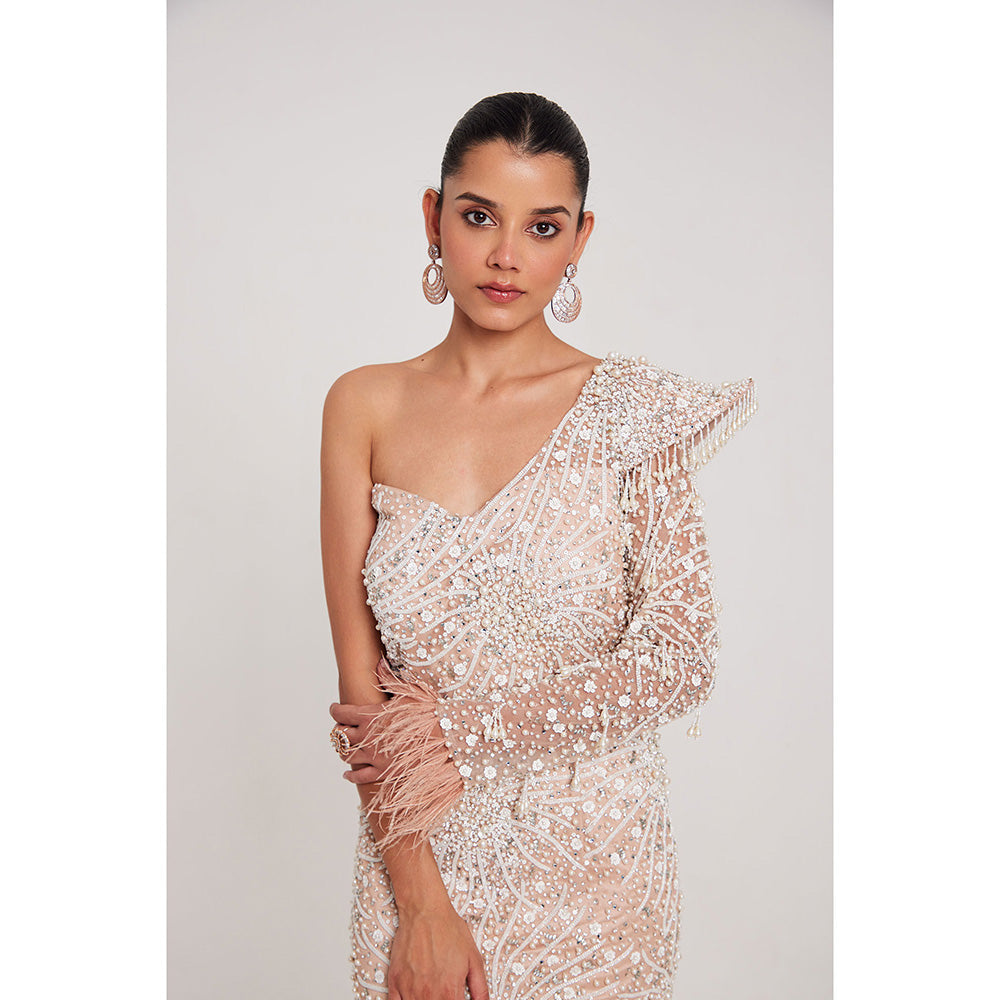 CHAASHNI BY MAANSI & KETAN Nude Glitter Net and Fur Gown