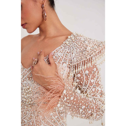 CHAASHNI BY MAANSI & KETAN Nude Glitter Net and Fur Gown