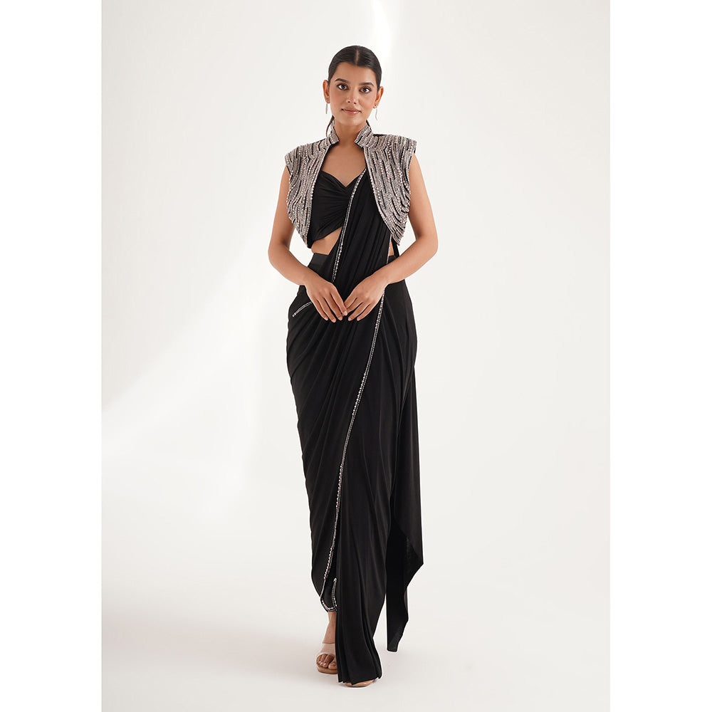 CHAASHNI BY MAANSI & KETAN Black Pre-Draped Saree with Stitched Blouse and Jacket