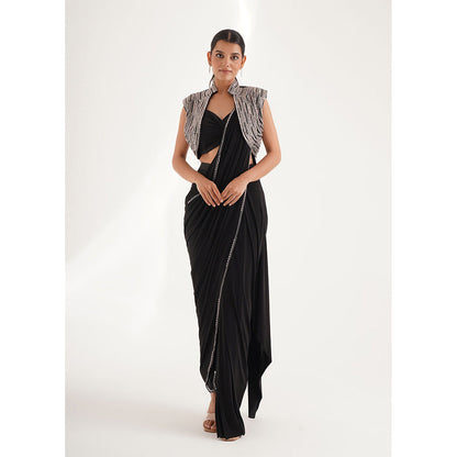 CHAASHNI BY MAANSI & KETAN Black Pre-Draped Saree with Stitched Blouse and Jacket