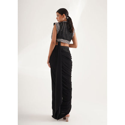 CHAASHNI BY MAANSI & KETAN Black Pre-Draped Saree with Stitched Blouse and Jacket