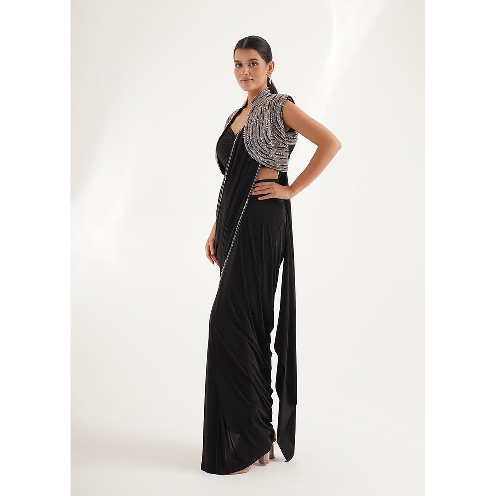 CHAASHNI BY MAANSI & KETAN Black Pre-Draped Saree with Stitched Blouse and Jacket