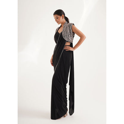CHAASHNI BY MAANSI & KETAN Black Pre-Draped Saree with Stitched Blouse and Jacket
